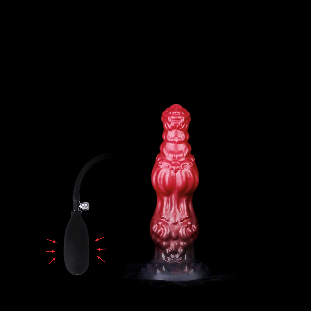 An animated GIF demonstrating the customizable inflation and massive expansion effect of the gothic red and black ombre monster dog knot dildo using a manual bulb pump.