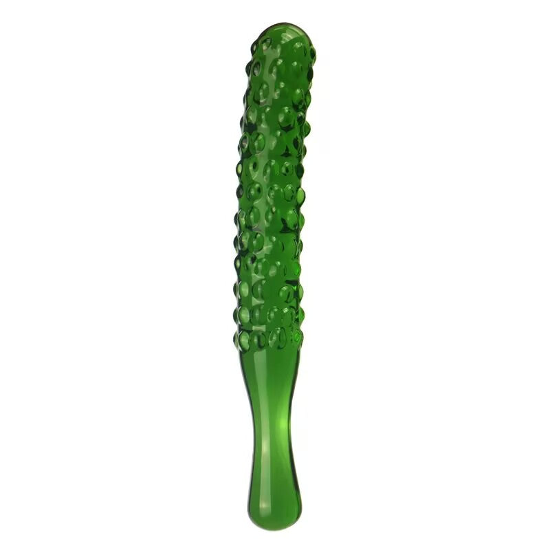 Vertical view of a green glass cucumber-shaped massage wand featuring a contoured ergonomic design and textured ridges.