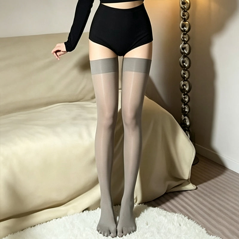 Grey glossy five-toe thigh-high socks with non-slip top band.