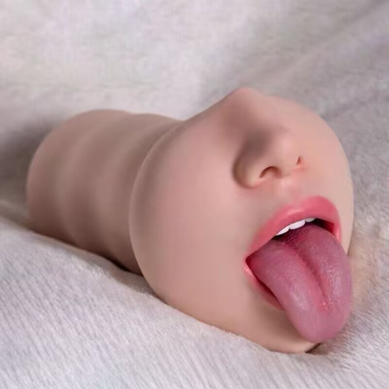 Side perspective of realistic oral stroker showing soft TPE skin and lifelike lips
