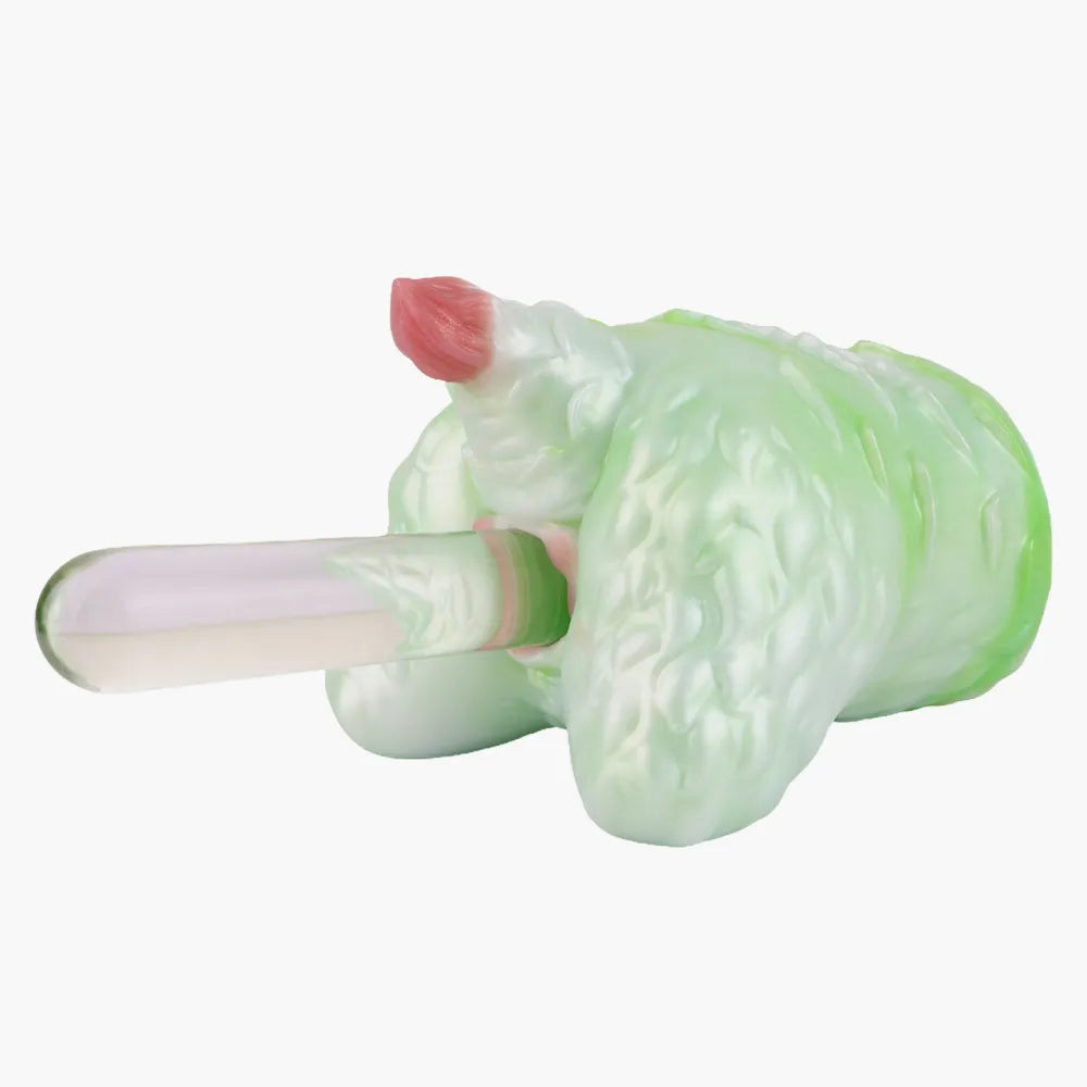 Side profile of the heavyweight fantasy beast silicone stroker with a clear insertion tube.