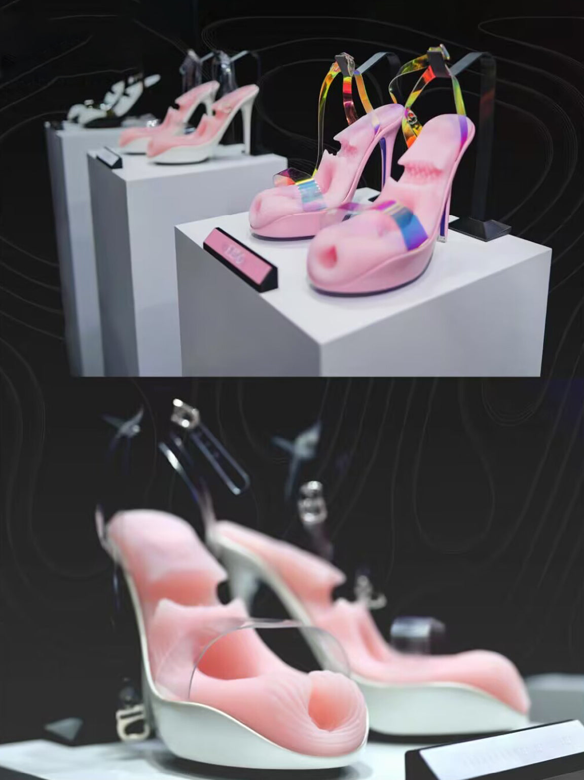 Pink high heel adult toys displayed on pedestals with iridescent straps by Charlotte-Q Design