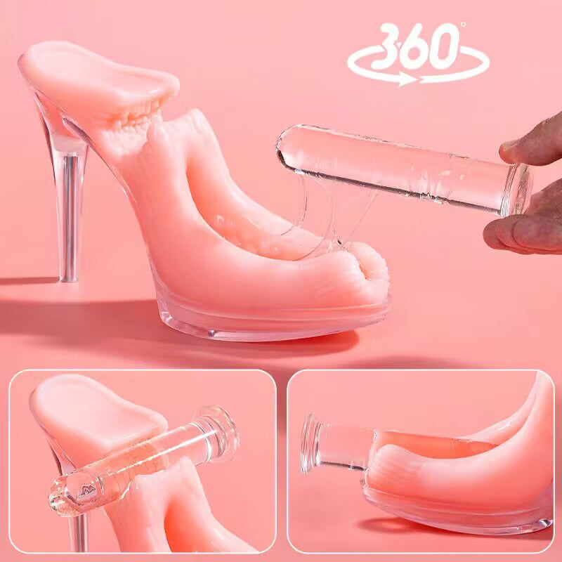 A clear glass rod stretching the soft pink TPE entry of the high heel fleshlight cup, demonstrating supreme material elasticity.