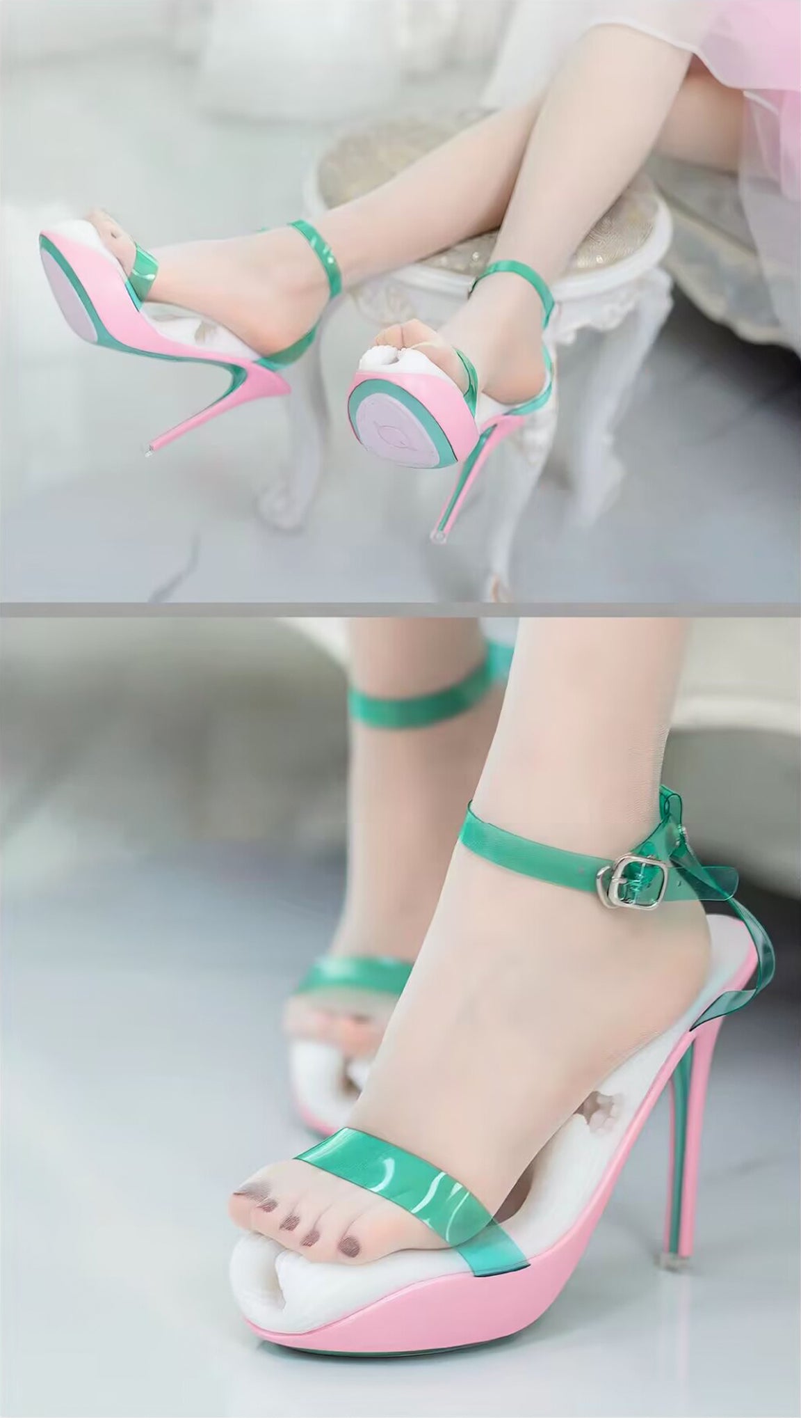 High heel foot fetish adult toy worn on model foot demonstrating realistic high heel sandal appearance