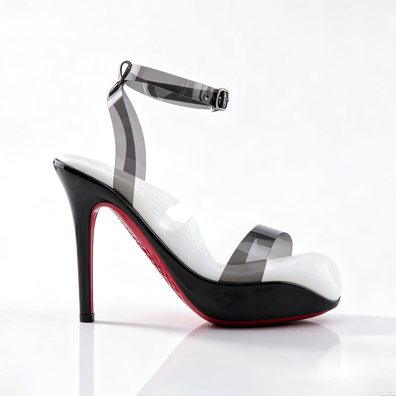Side profile shot of stealth high heel male masturbator on isolated white background showing ergonomic arch and ankle strap.