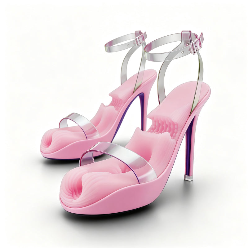 Studio product shot of a pair of high heel male strokers with clear adjustable buckle straps on clean white background.