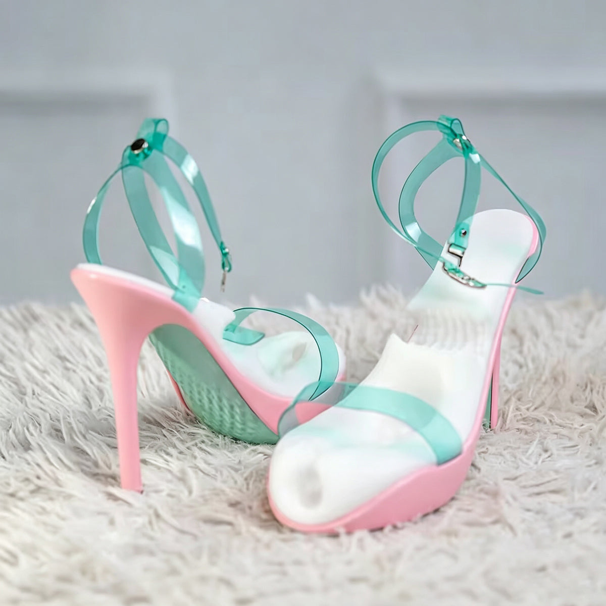 High heel masturbator discreet male stroker styled as a pink and green sandal for foot fetish pleasure