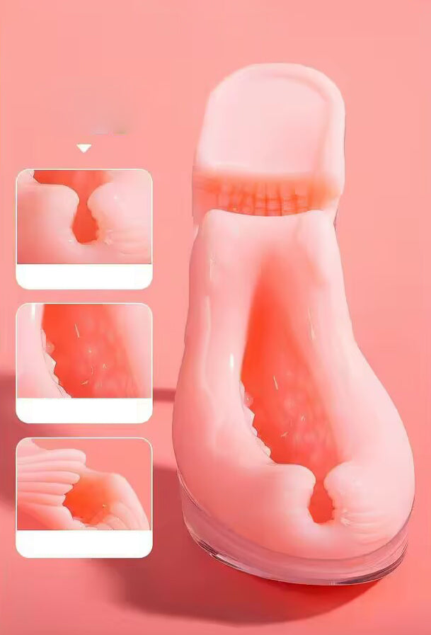 Front view of the high heel masturbator sleeve showing the anatomically realistic entrance and three close-up panels of internal textures.