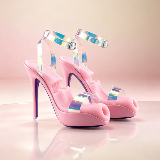 Pair of pink stiletto high heel male masturbators with holographic clear ankle straps on reflective display surface.