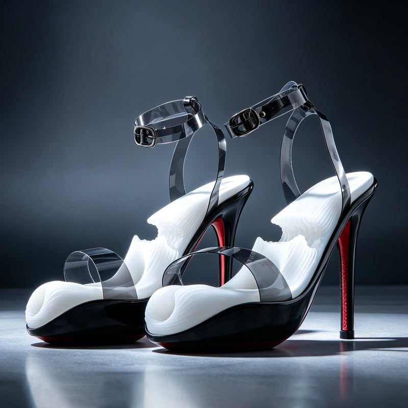 Studio display of pair high heel male masturbators with transparent ankle straps, black patent heels, and soft silicone core.