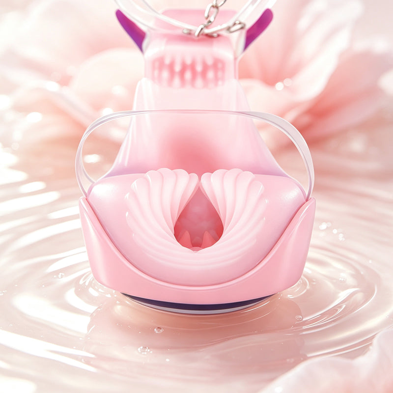 Front angle view of the soft entrance orifice on the high heel masturbator stroker featuring flexible wave textures.