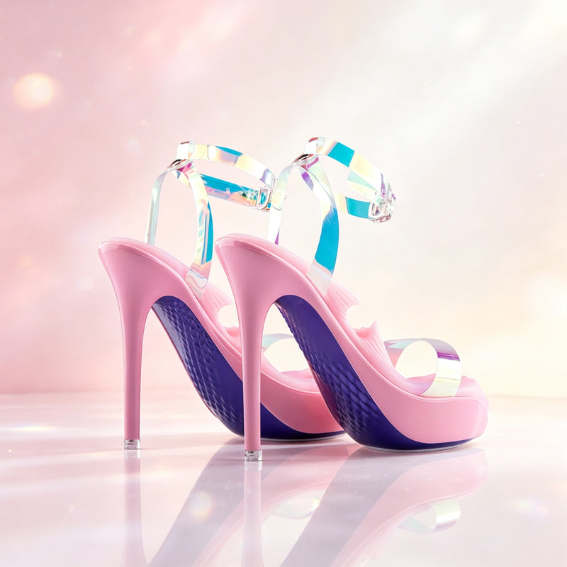 Rear perspective view showing the sleek stiletto heels and textured purple anti-slip soles of the high heel stroker.