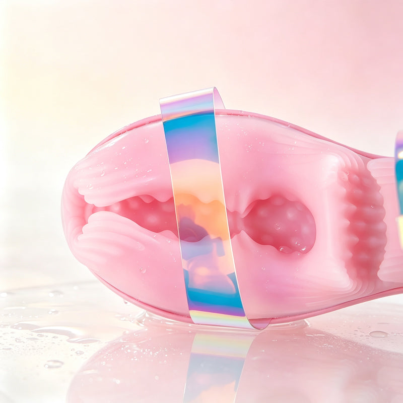 Top-down view of the high heel stroker toe entrance wrapped with a holographic clear strap.