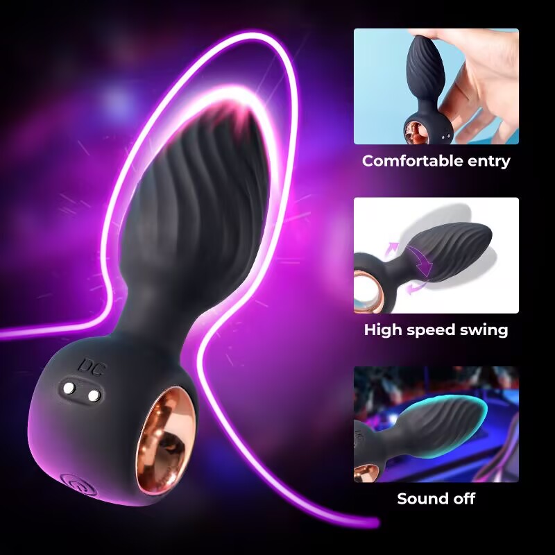 Waterproof swinging anal trainer illustrating high speed 360 degree swing feature and whisper quiet motor