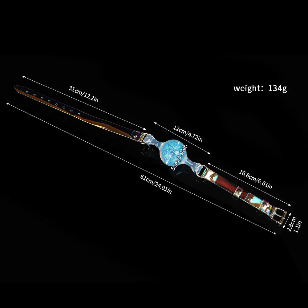 Technical size drawing of a holographic light blue crystal mouth gag showing 5cm ball size, 2.8cm buckle width, and 134g heavier version weight.