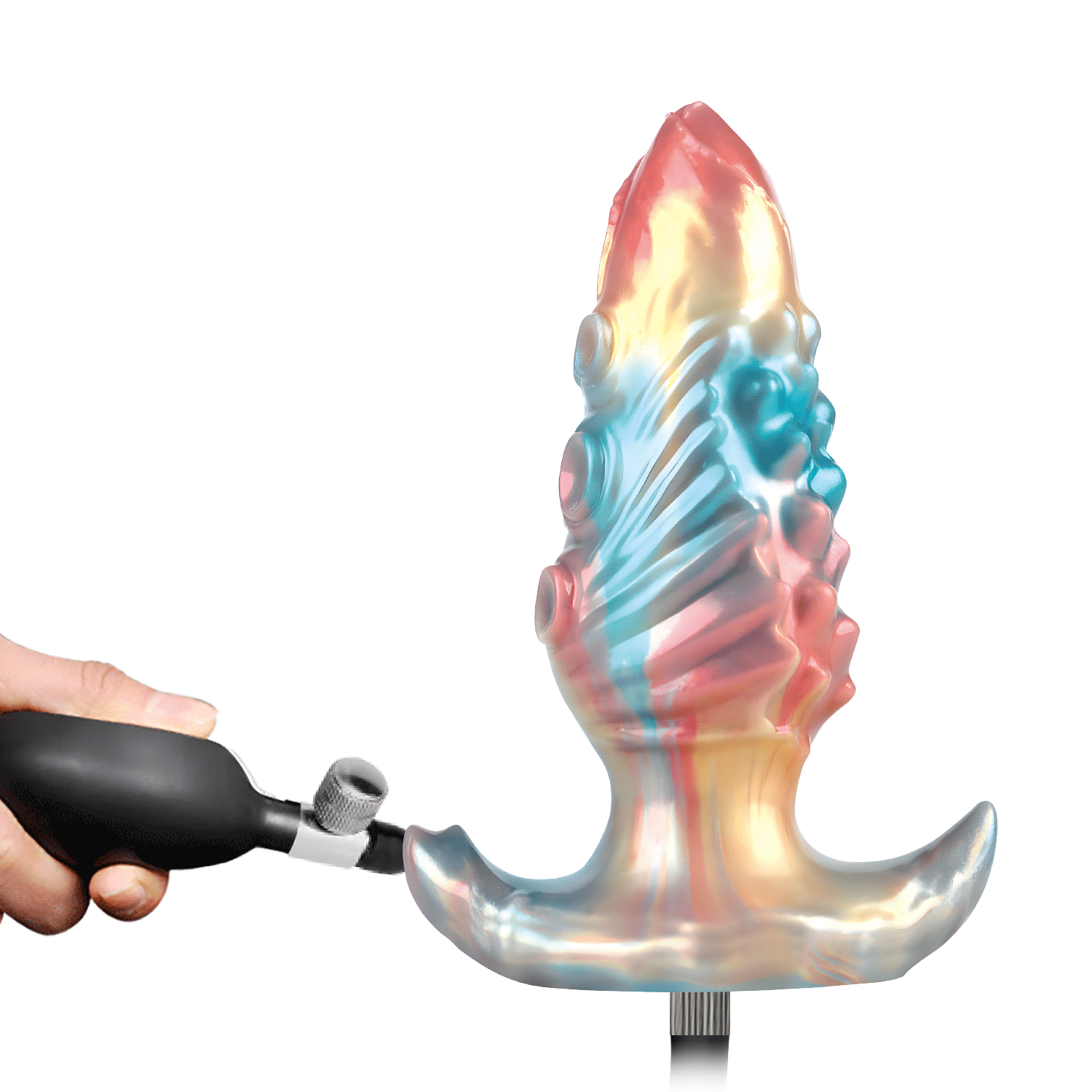 A hand squeezing the black manual bulb pump to inflate the Ebon Leviathan silicone monster dildo on a pure white background.