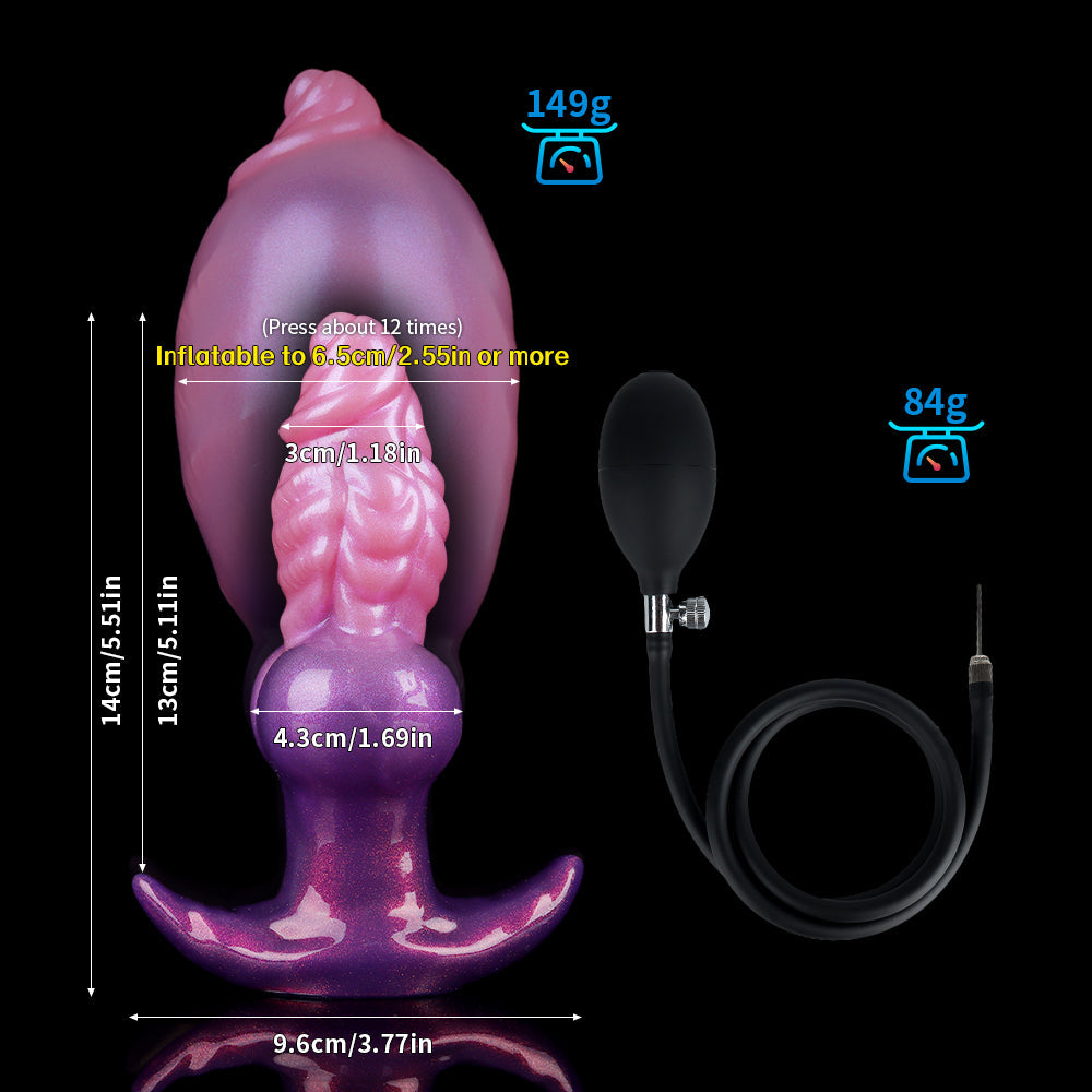 Infographic size chart of the inflatable anal plug showing length dimensions, weight of 149g, and expansion width up to 2.55 inches.