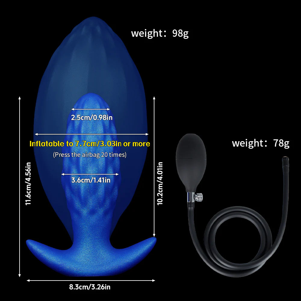 Infographic size chart of the inflatable anal plug showing dimensions from 1.41 inch initial width expanding to 3.03 inches via the attached hand pump.
