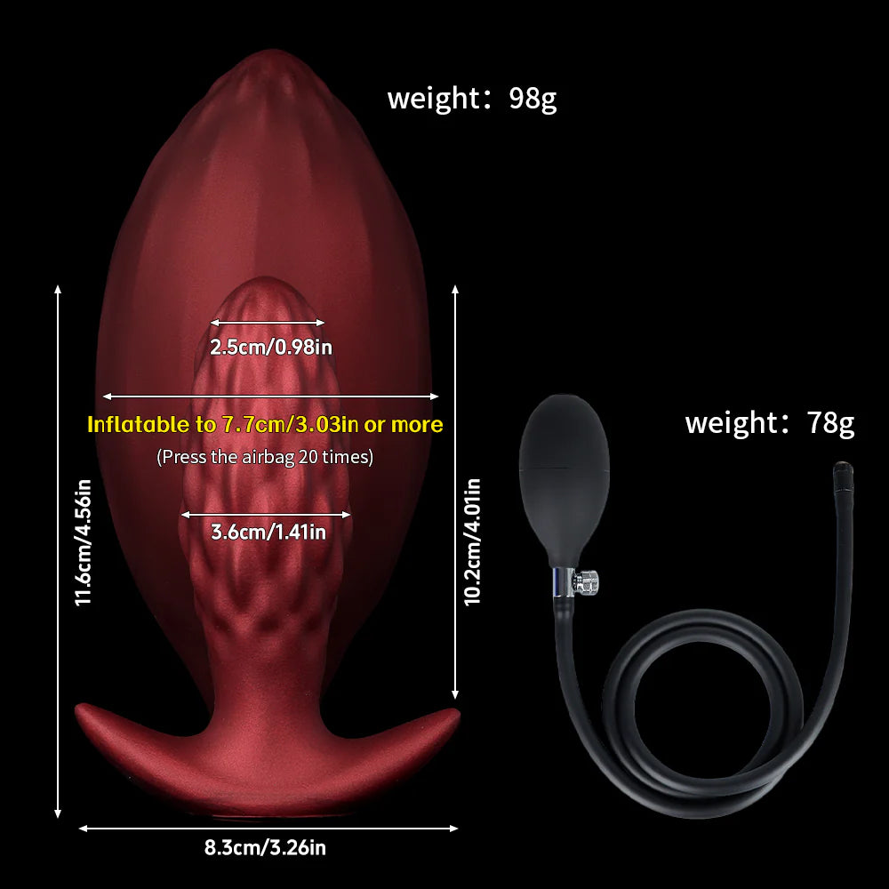 Infographic size chart of the inflatable anal plug showing dimensions from 1.41 inch initial width expanding to 3.03 inches via the attached hand pump.