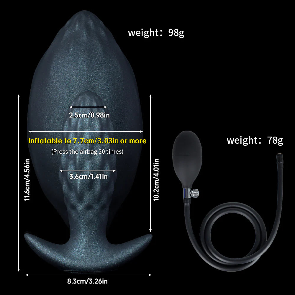 Infographic size chart of the inflatable anal plug showing dimensions from 1.41 inch initial width expanding to 3.03 inches via the attached hand pump.