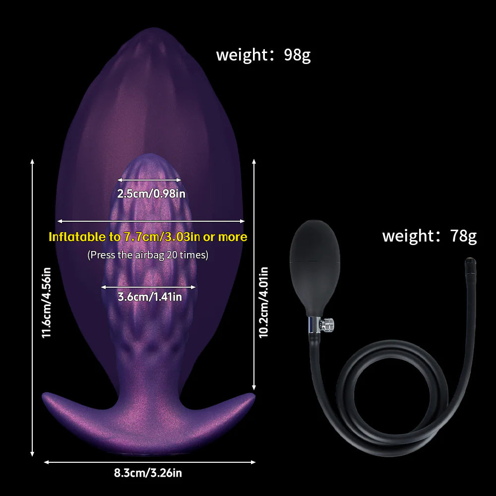 Infographic size chart of the inflatable anal plug showing dimensions from 1.41 inch initial width expanding to 3.03 inches via the attached hand pump.