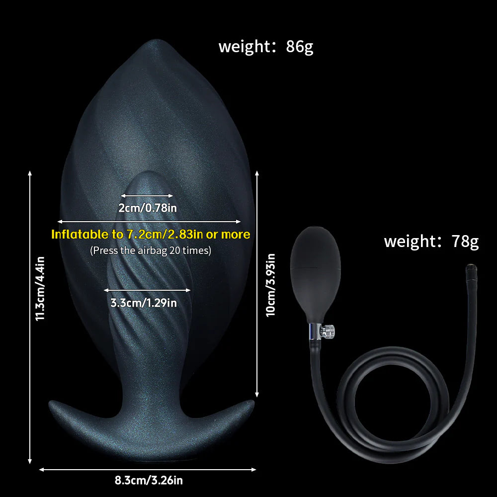 E-commerce infographic detailing the dimensions of the inflatable plug, showing 3.3cm uninflated width, 7.2cm expanded width, 11.3cm length, and the accompanying 78g manual hand pump with hose.