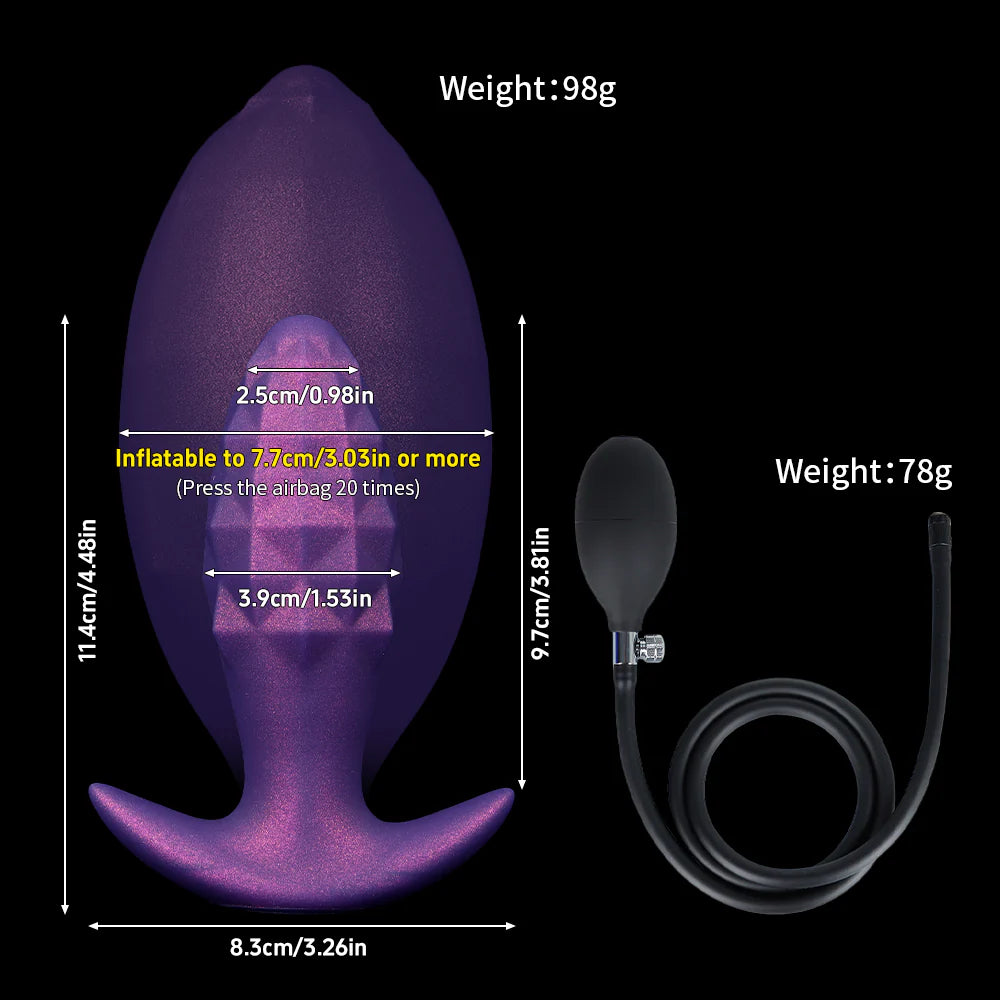 Product measurement specifications for the galactic purple expandable butt plug, detailing the 98g plug weight, 78g manual air pump weight, and insertion neck width of 2.5cm.