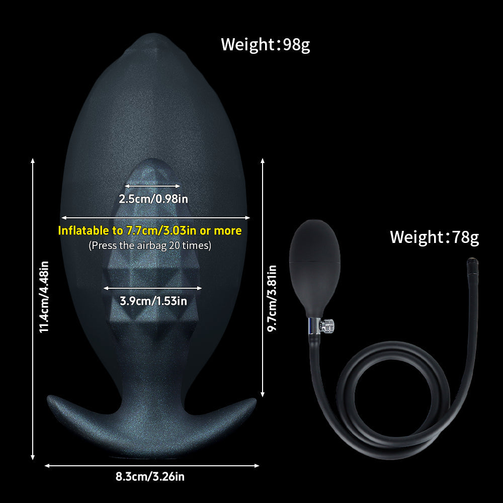 Sizing and dimension chart for the midnight black inflatable silicone butt plug, showing an uninflated bulb width of 3.9cm and an expandable width up to 7.7cm (3.03in) after pressing the airbag 20 times.