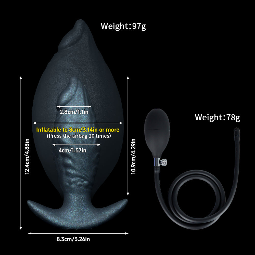 Size chart for the Mystic Black inflatable butt plug showing expansion from 4cm up to 8cm with the air pump dimensions.