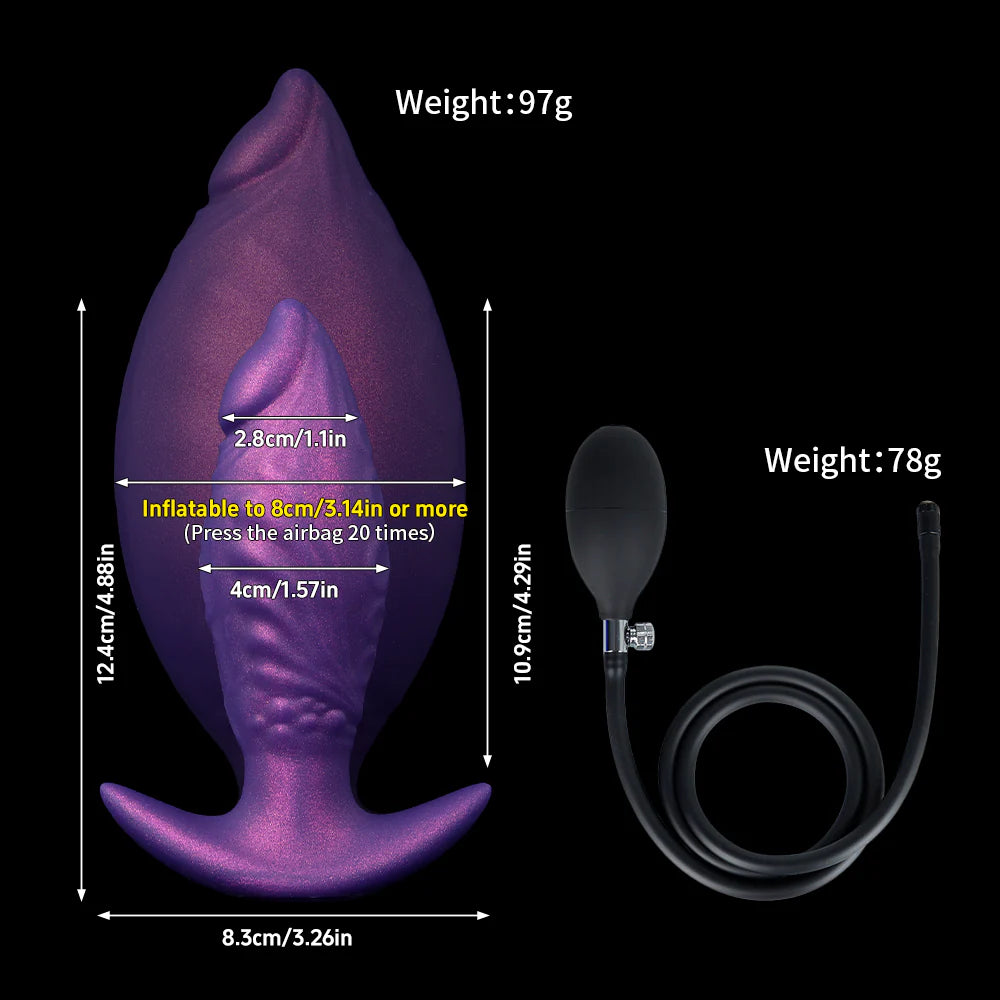 Size chart for the Royal Purple inflatable butt plug showing detailed measurements, inflation capacity up to 8cm or 3.14in, and the airbag pump dimensions.
