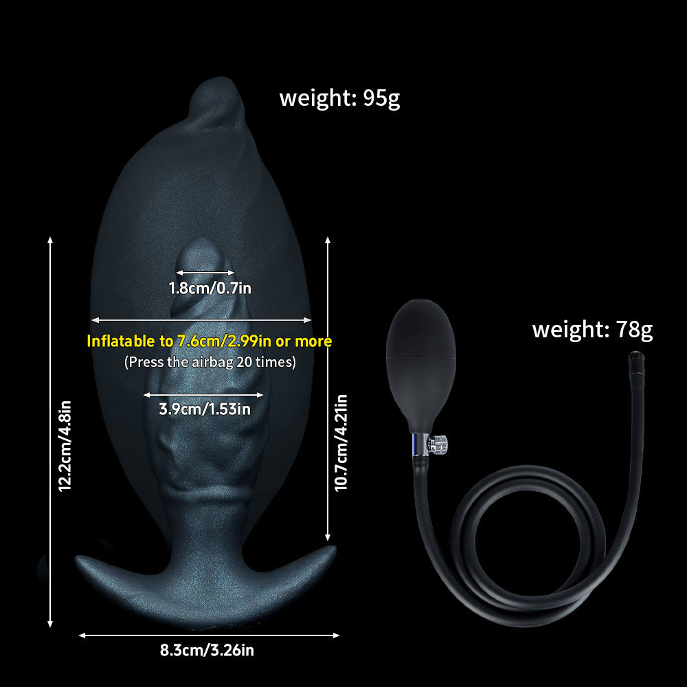 Product dimensions infographics for the black inflatable butt plug, indicating 12.2cm total length, 8.3cm base width, and expansion from 3.9cm to 7.6cm width via hand pump.