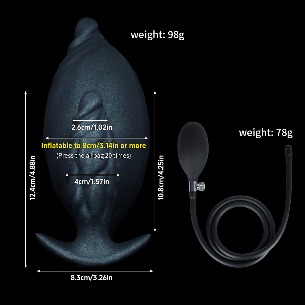 Product dimensions diagram showing 12.4cm total length, 8.3cm base, uninflated 2.6cm width, and inflatable capacity up to 8cm with hand pump airbag specifications.
