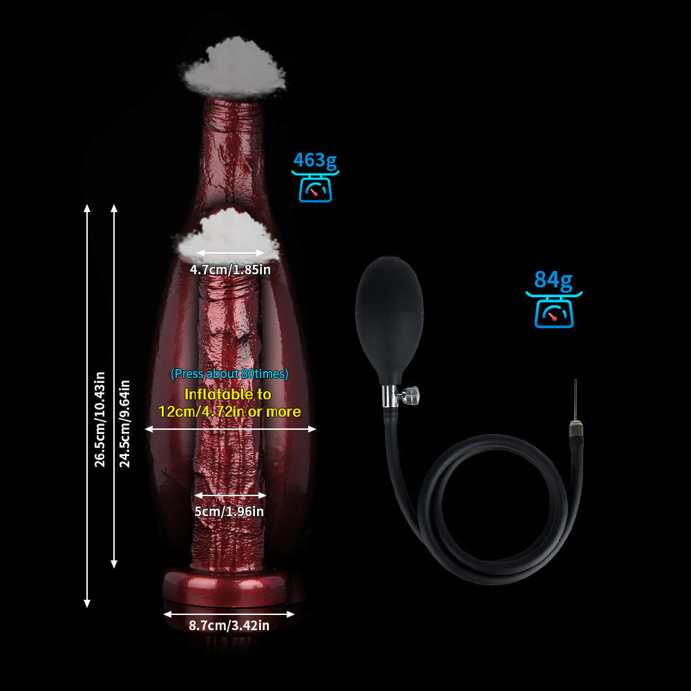 Product size chart for the large burgundy inflatable dildo, showing 10.4 inch length and expansion up to 4.72 inch diameter.