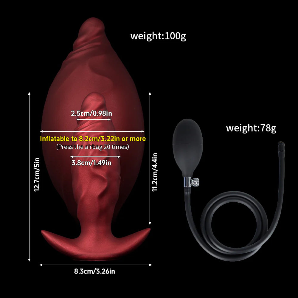 Detailed size chart for the crimson red inflatable fantasy butt plug showing fully inflated dimensions of 8.2cm (3.22 inches) and the handheld inflation pump.