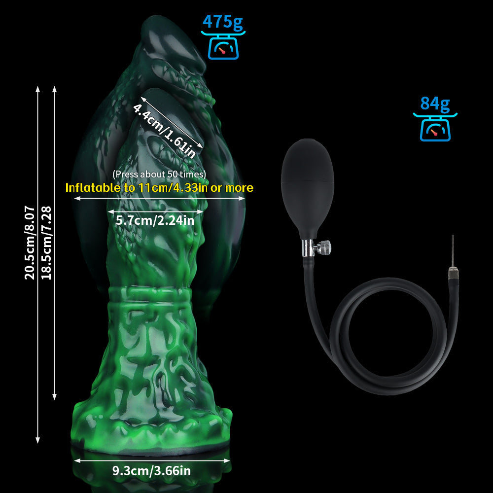 Infographic showing dimensions of the expanding alien dildo: 20.5cm height, 5.7cm initial width, and inflates up to 11cm width with the included hand pump.