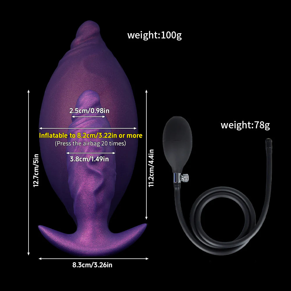 Size chart for the inflatable fantasy plug showing dimensions from 2.5cm up to 8.2cm when fully expanded with the handheld air pump.