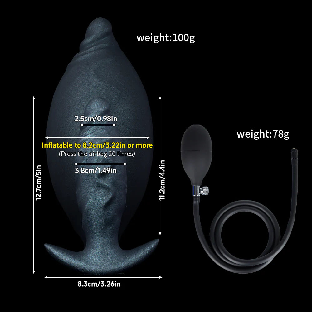 Size chart for the inflatable fantasy plug showing dimensions from 2.5cm up to 8.2cm when fully expanded with the handheld air pump.