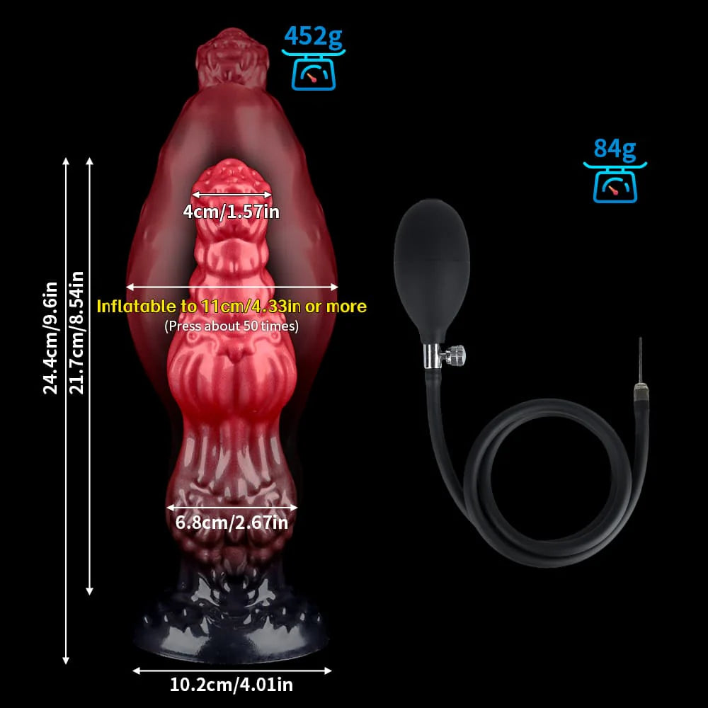 Detailed size chart and dimensions diagram for the Medium size inflatable monster dog knot dildo, specifying total height, insertable length, inflation width up to 11cm, and product weight.