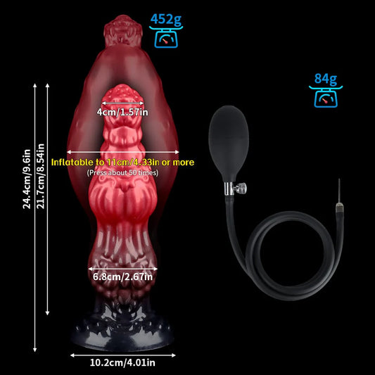 Detailed size chart and dimensions diagram for the Medium size inflatable monster dog knot dildo, specifying total height, insertable length, inflation width up to 11cm, and product weight.