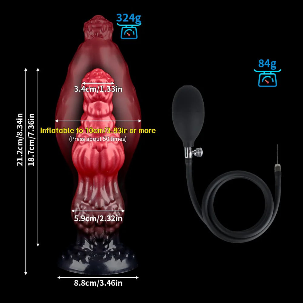 Detailed size chart and dimensions diagram for the Medium size inflatable monster dog knot dildo, specifying total height, insertable length, inflation width up to 11cm, and product weight.