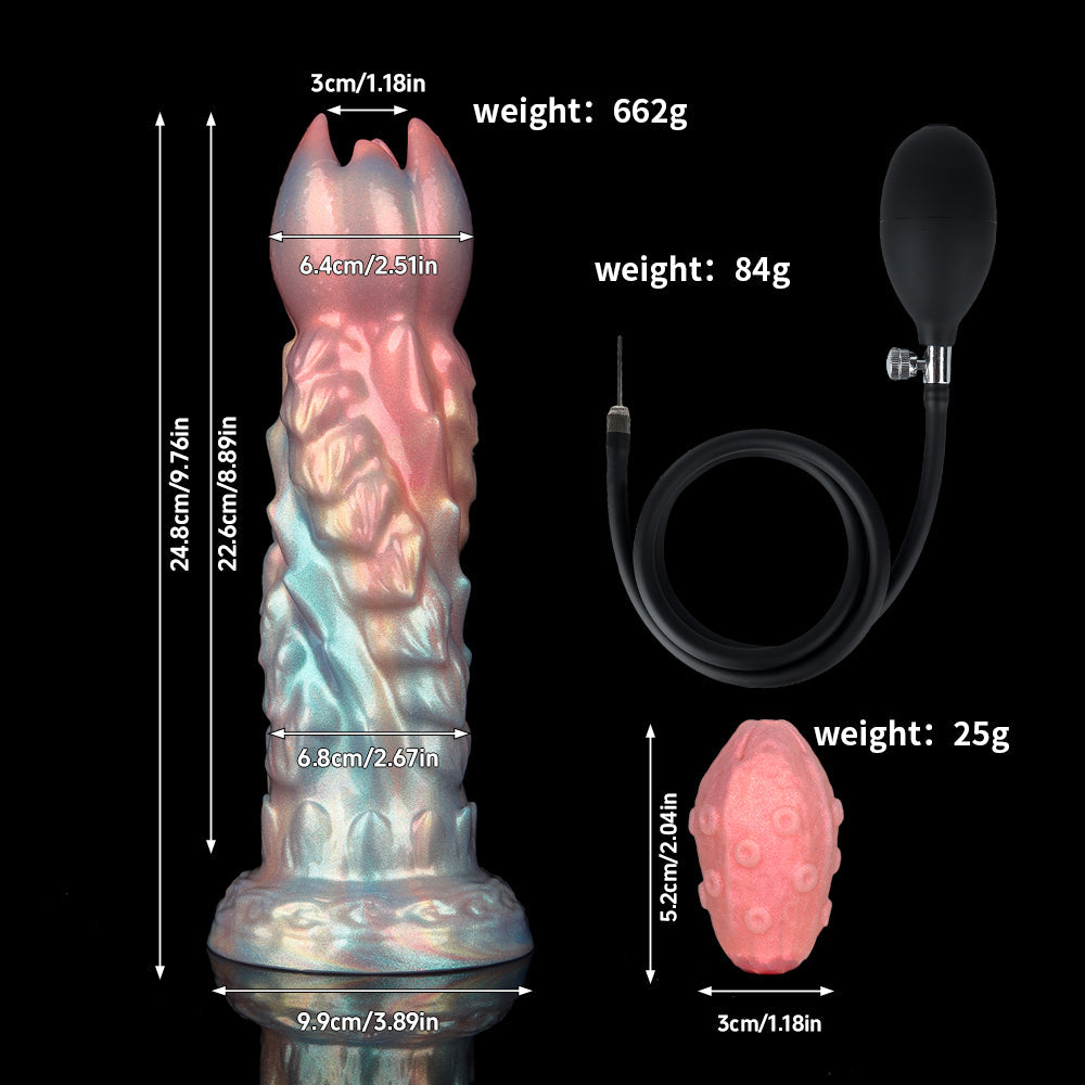 Product specifications and size chart of the inflatable ovipositor dildo, showing a height of 24.8cm, insertable length of 22.6cm, shaft width of 6.8cm, bulb weight of 84g, toy weight of 662g, and egg size of 5.2cm.