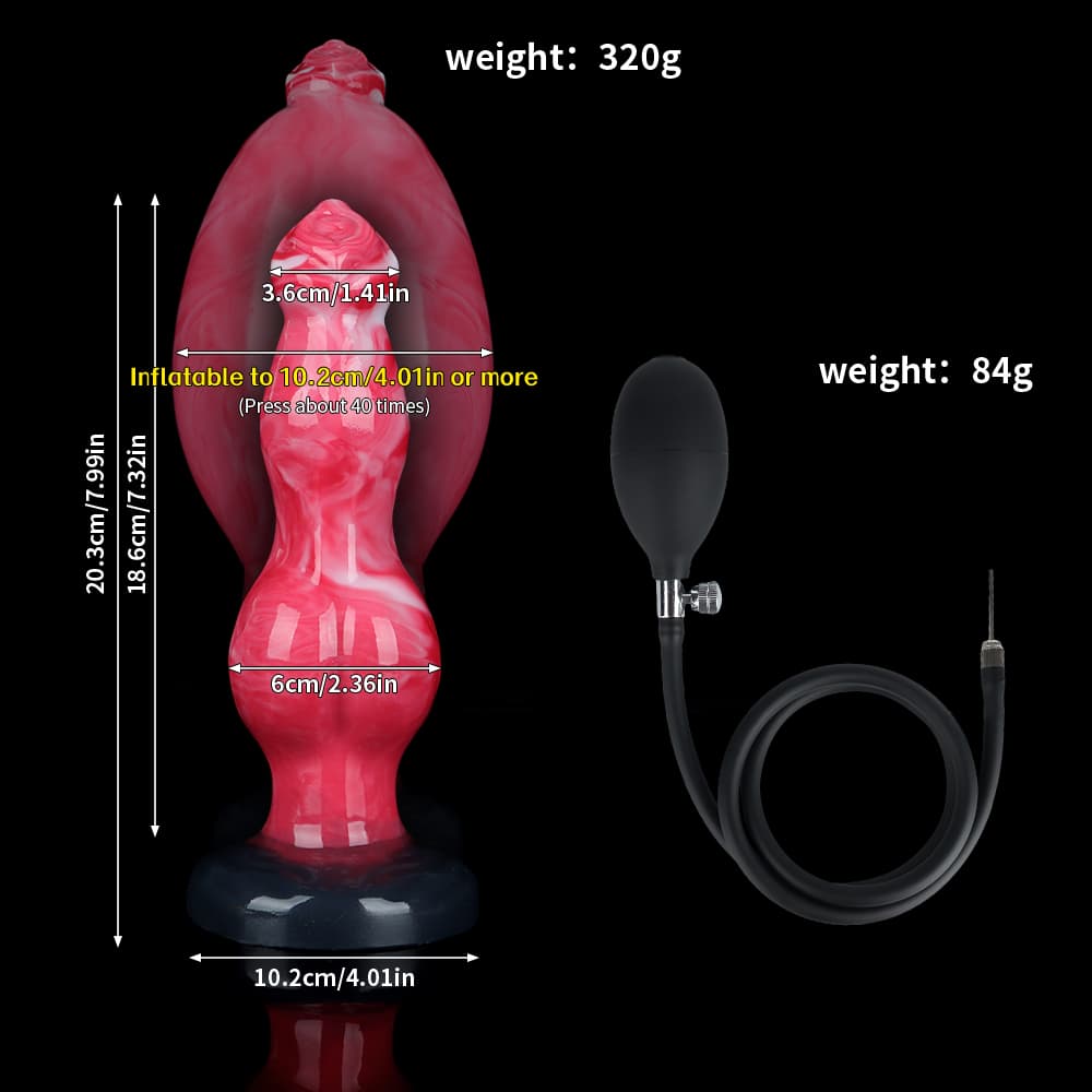 Size breakdown of the expandable anal toy, showing length of 7.99 inches and width expanding from 1.41 inches to over 4.01 inches with the hand pump.