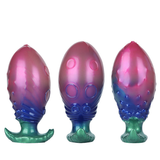 Three angles of a colorful metallic inflatable tentacle butt plug showing fantasy octopus alien design on a pure white background.