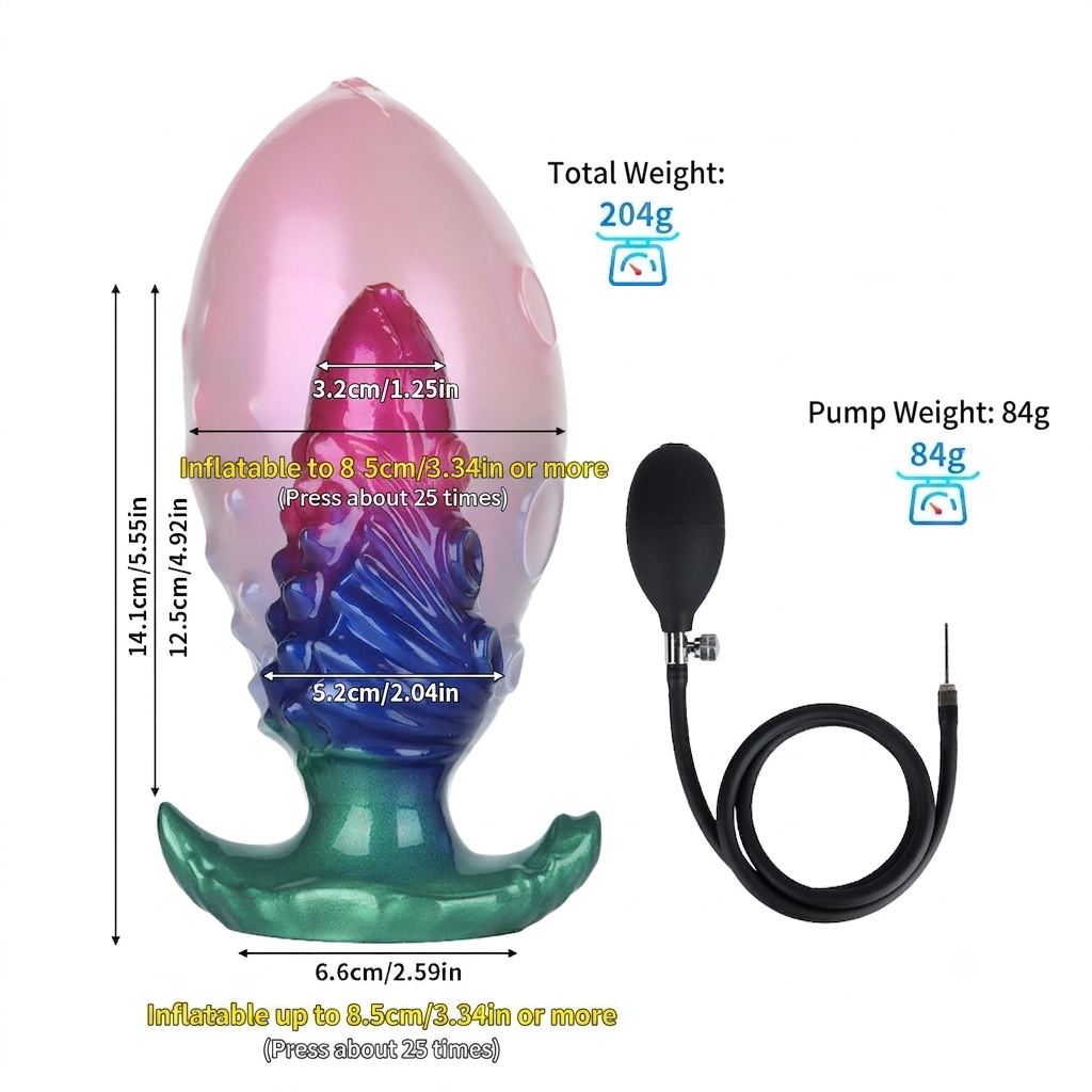 Product sizing chart for the inflatable tentacle plug, detailing the starting 5.2cm width expanding up to 8.5cm or more.
