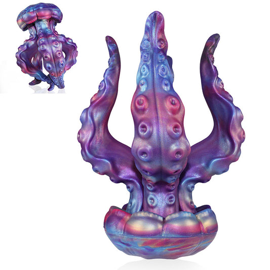 Multiple angles of a jellyfish-shaped silicone toy with realistic suction cups.