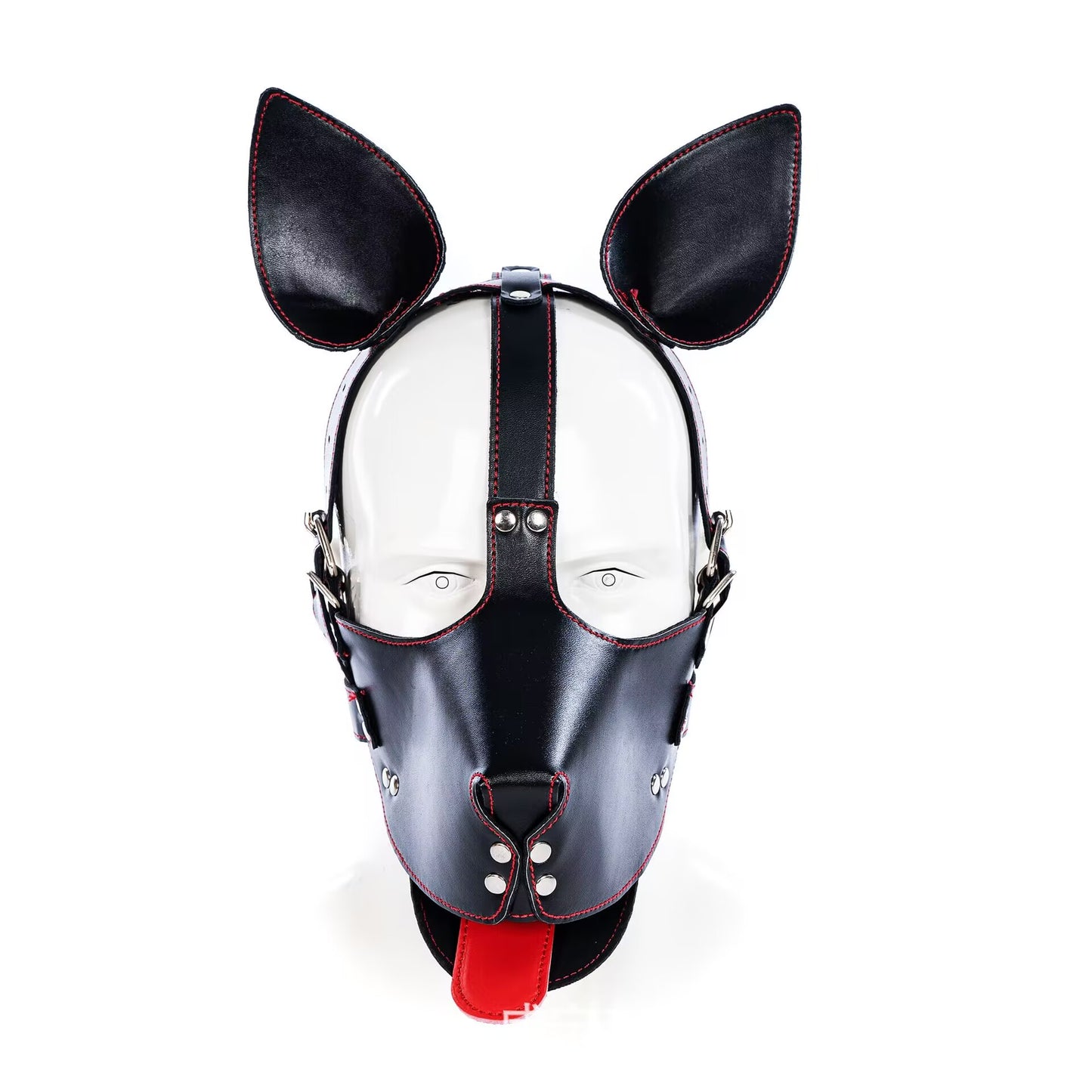 Front view of black K9 dog mask featuring flexible ears and red tongue accent.