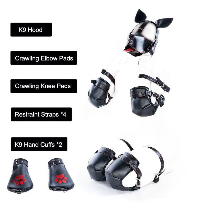 K9 roleplay bundle including hood mask, elbow pads, knee pads, and paw cuffs.