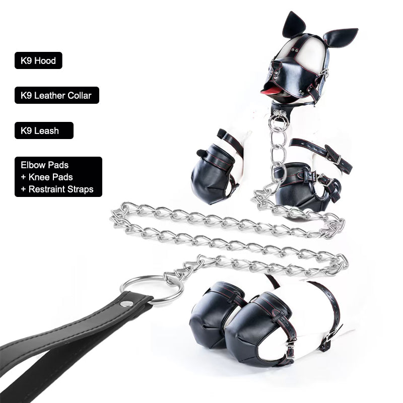 K9 pup play cosplay set featuring hood mask, collar, chain leash, and crawling pads.