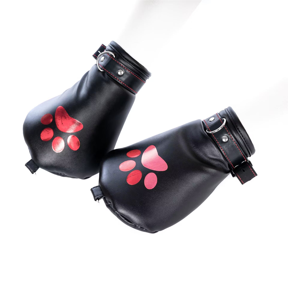 Pair of black K9 roleplay paw mittens featuring red paw print accents and adjustable wrist buckle straps.