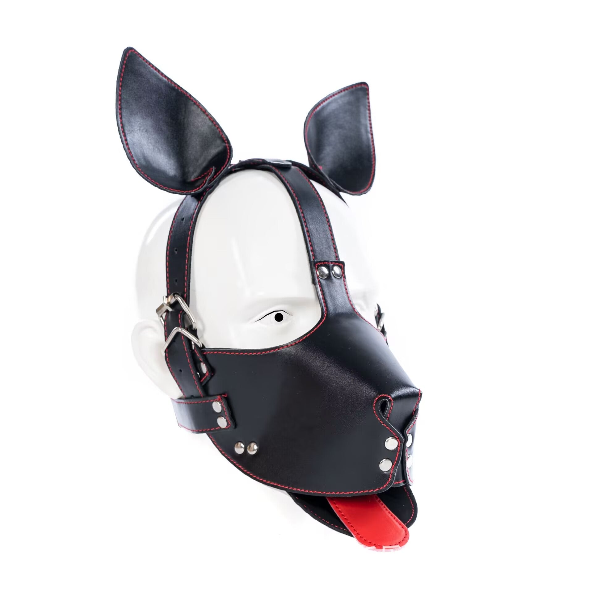 Side view of black leather K9 puppy play hood mask with red stitching detail.